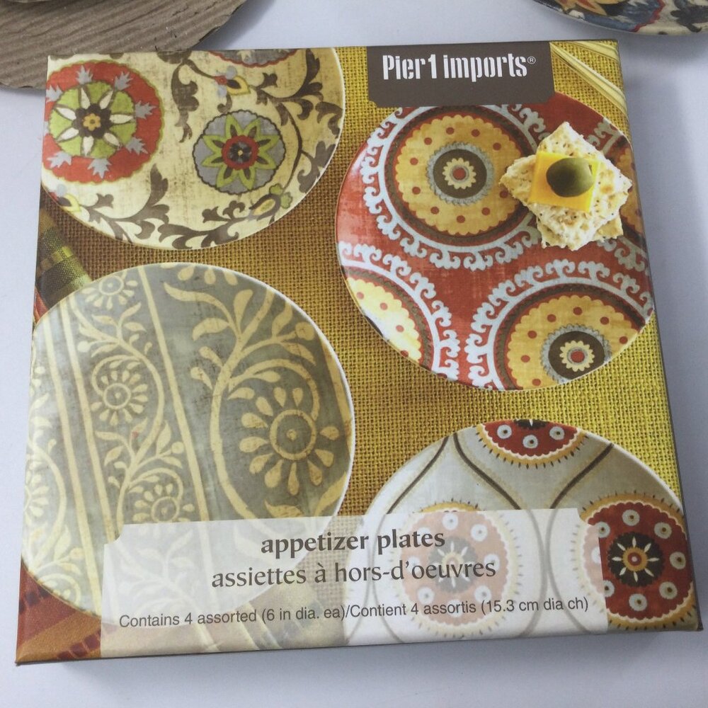 Pier 1 Appetizer Ceramic Plates Set of 4 Multicolor Geometric Design with Box - Picture 6 of 6